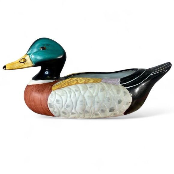 Vintage 80s FTD Ceramic Mallard Duck Planter Hand Painted Duck Decor - Picture 1 of 7